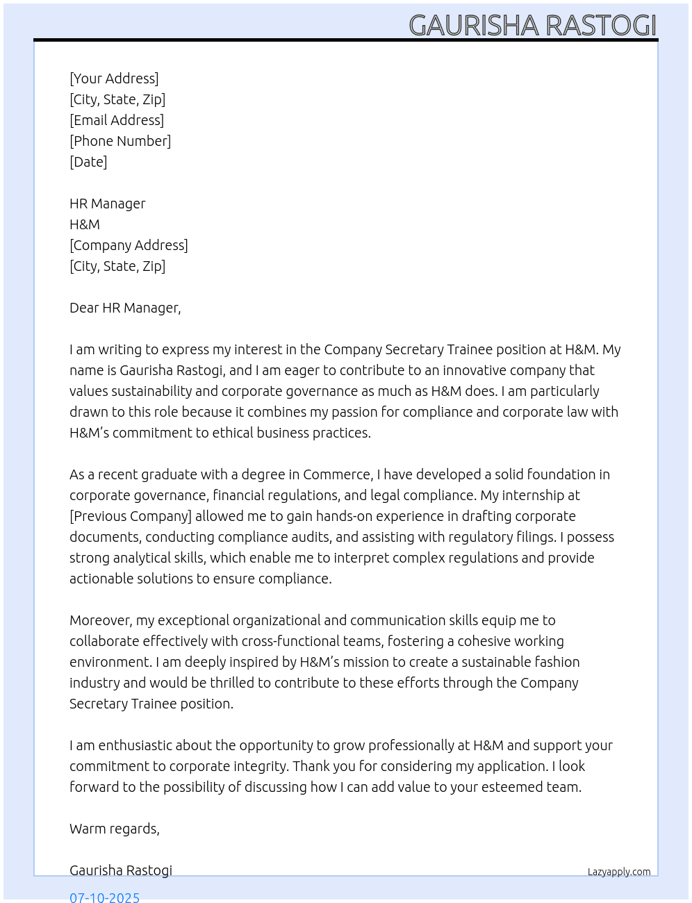 Company Secretary Trainee At H&M Cover Letter