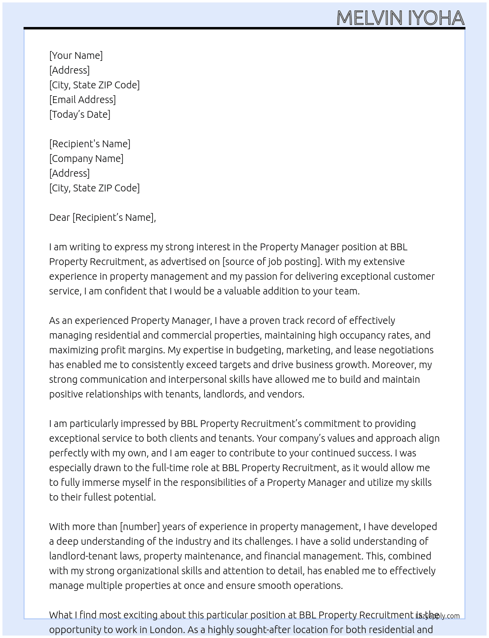 Property Manager At BBL Property Recruitment Cover Letter
