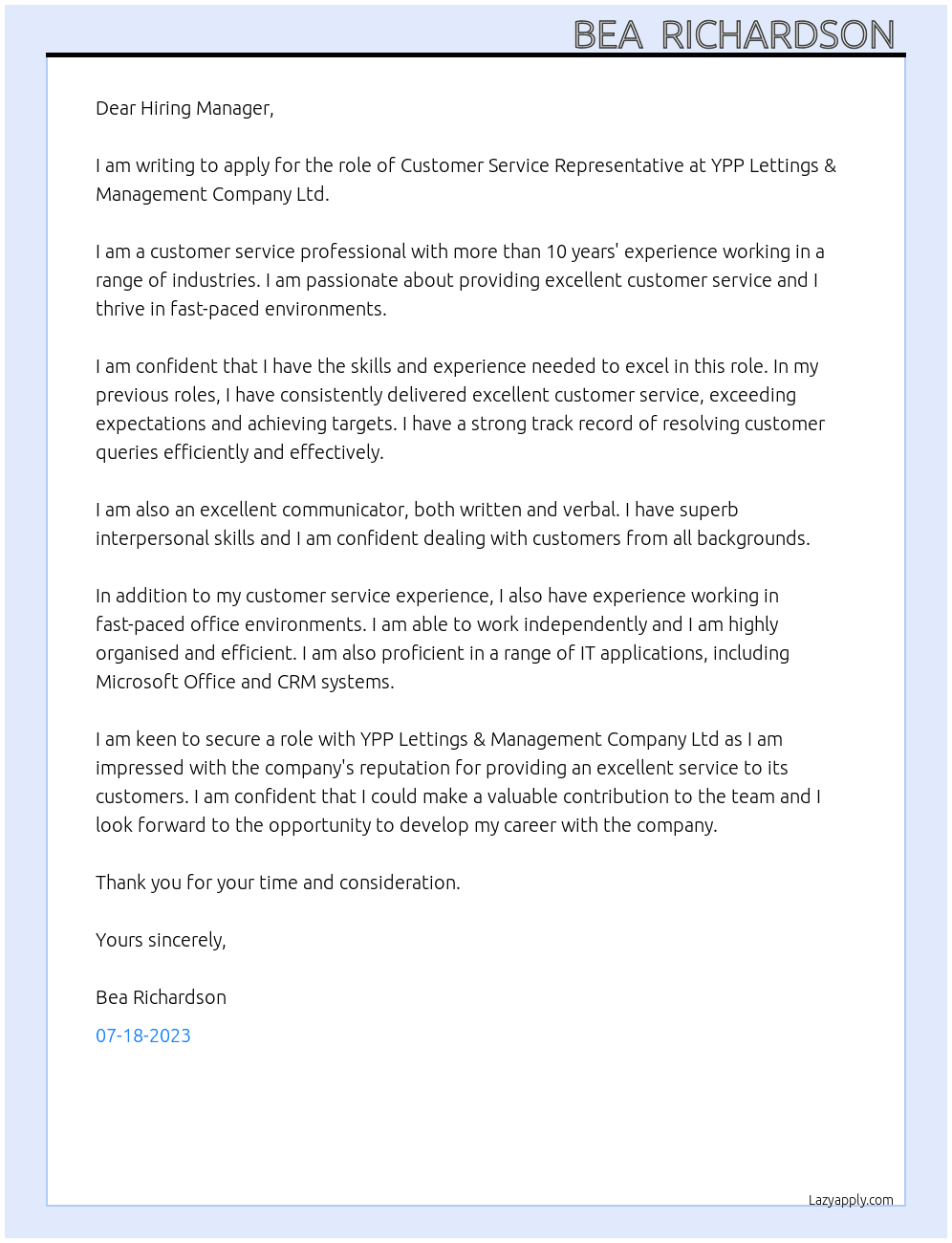 Customer Service Representative  At YPP Lettings & Management Company Ltd Cover Letter