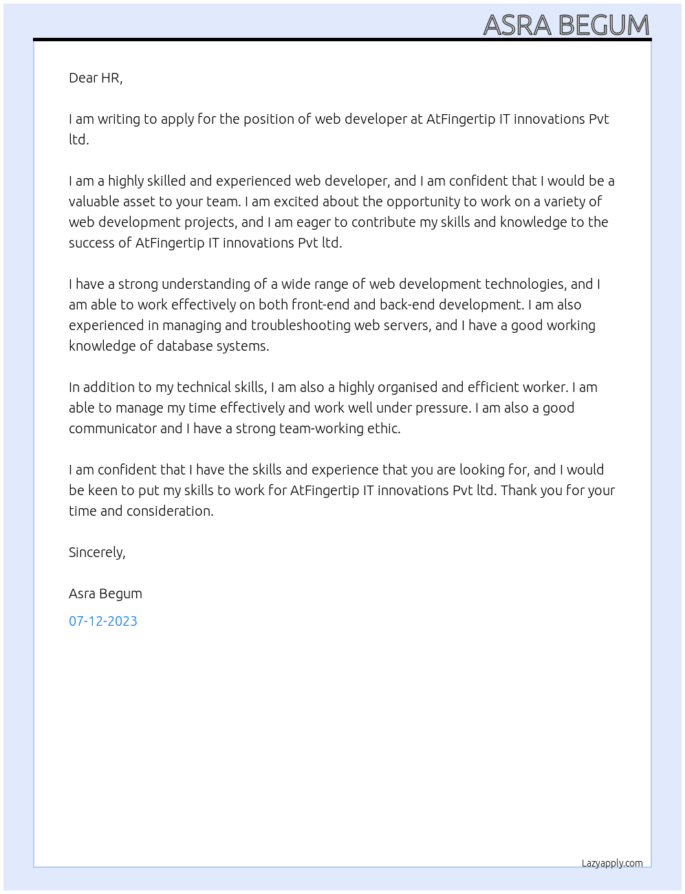 web developer At AtFingertip IT innovations Pvt ltd Cover Letter