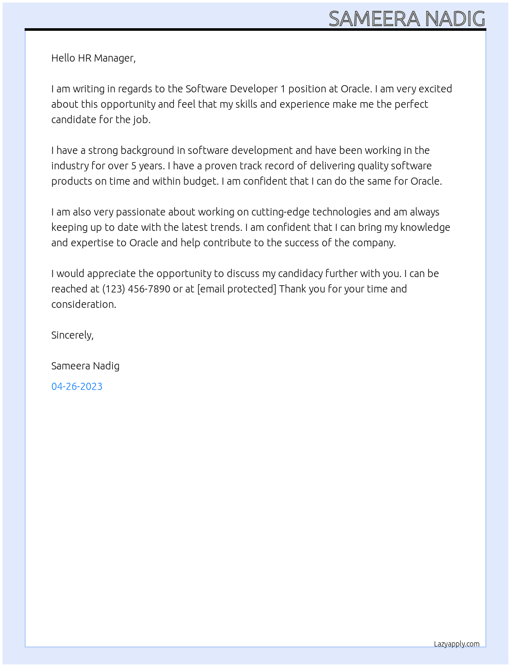 Software developer 1 At Oracle  Cover Letter