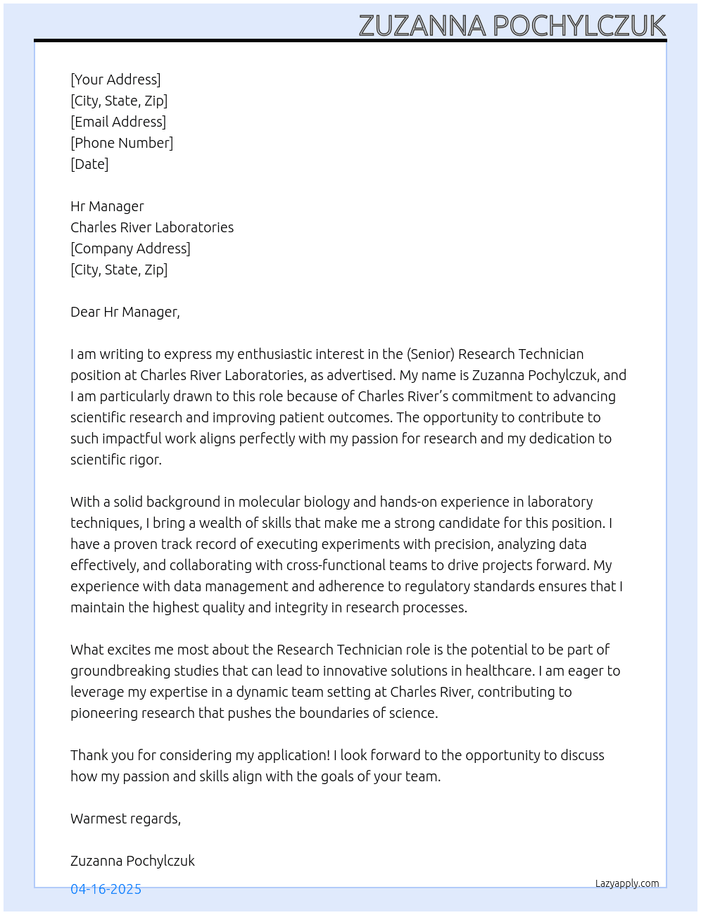 (Senior) Research Technician At Charles River Laboratories Cover Letter