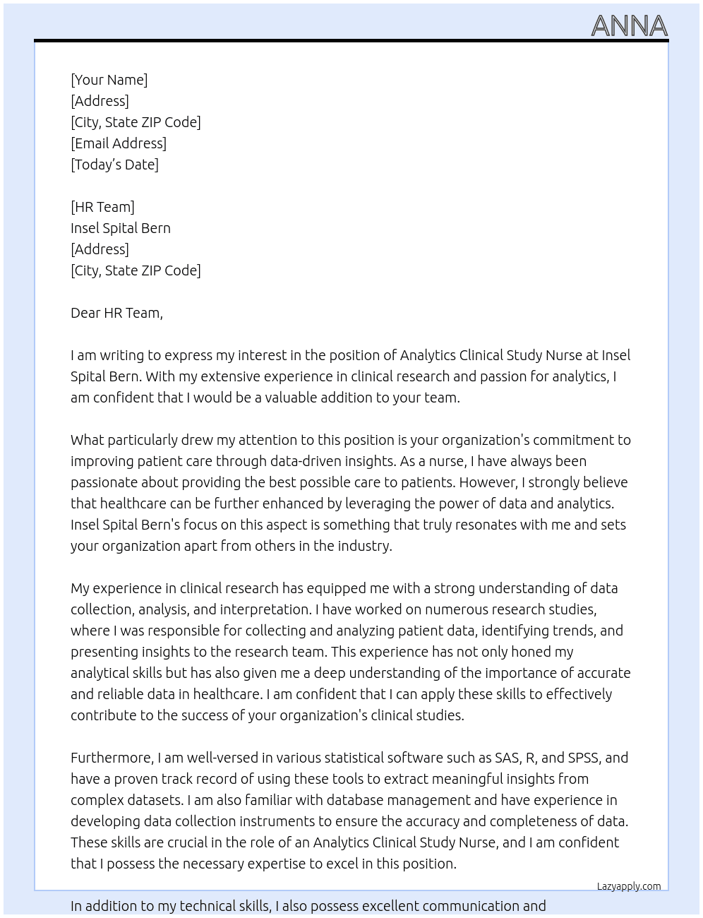 Analytics Clinical study Nurse At Insel Spital Bern Cover Letter