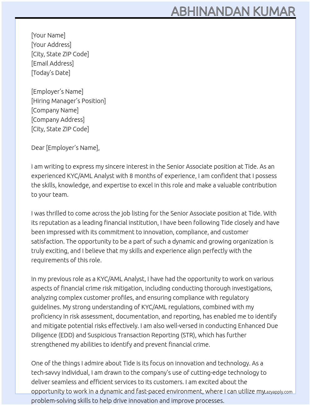 Senior Associate  At Tide Cover Letter