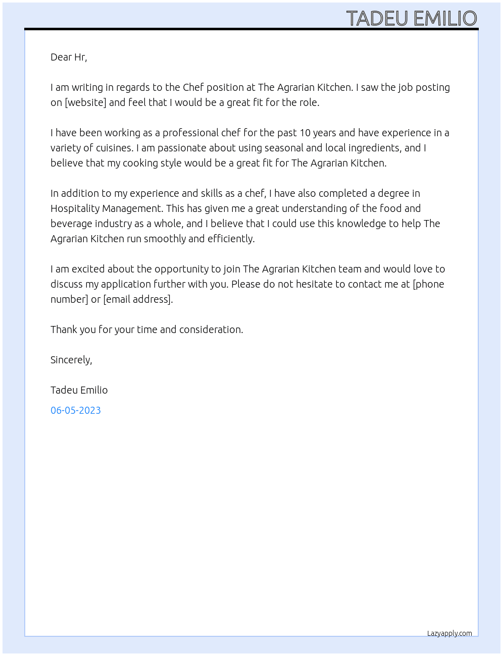 Chef At The Agrarian Kitchen Cover Letter