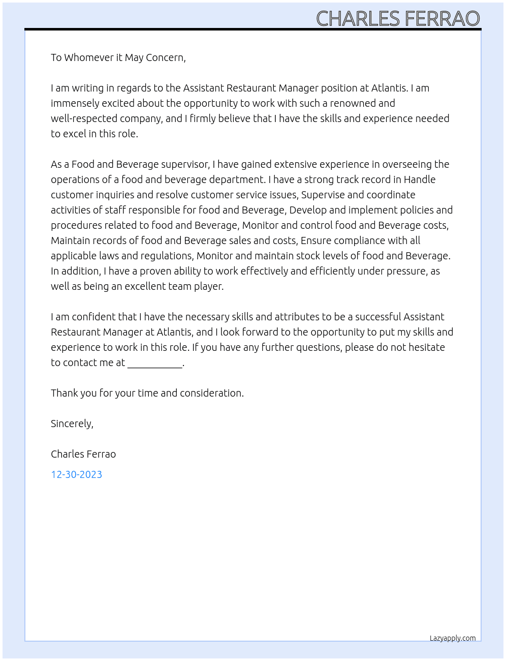 Assistant Restaurant Manager At Atlantis Cover Letter