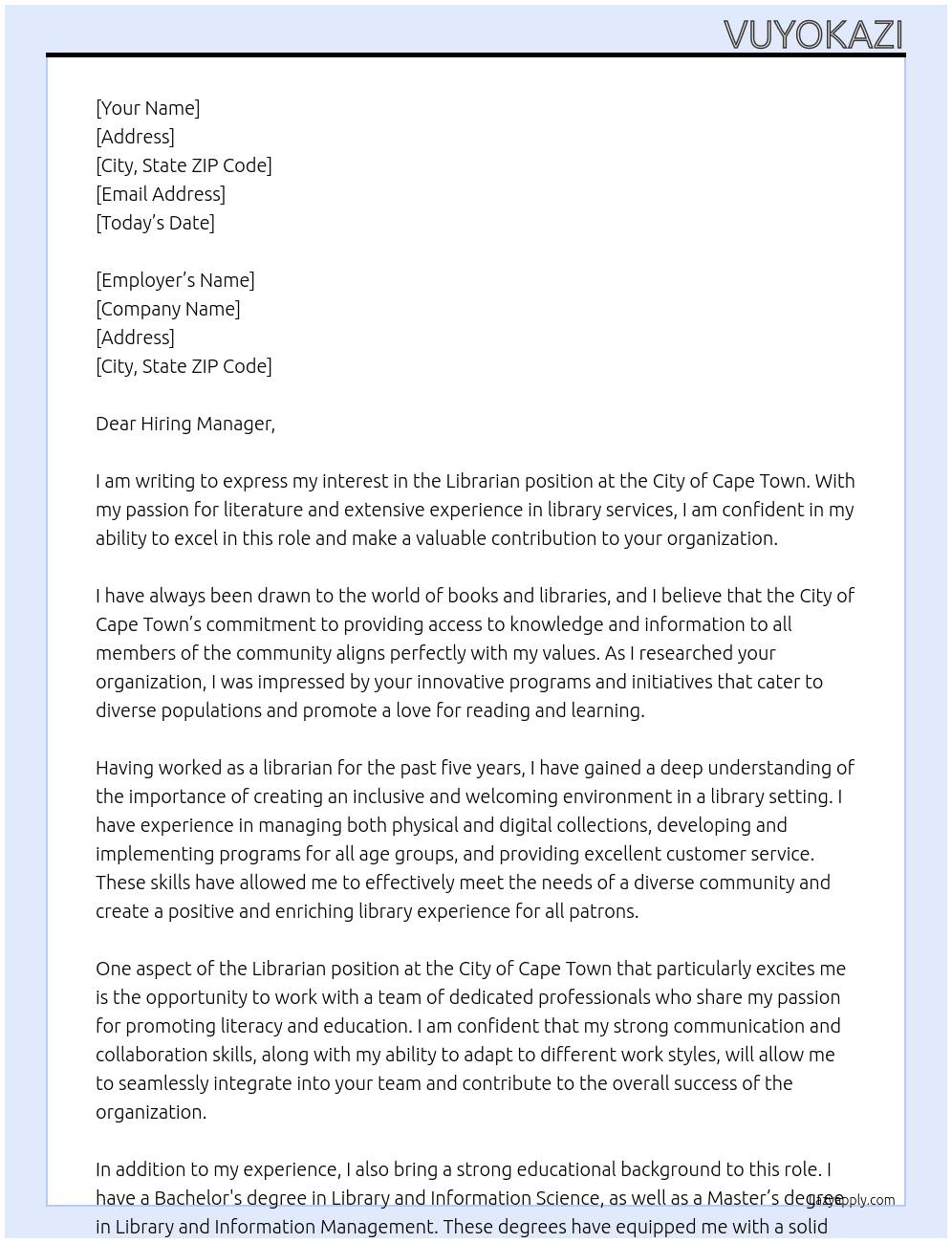 librarian At City of Cape Town Cover Letter