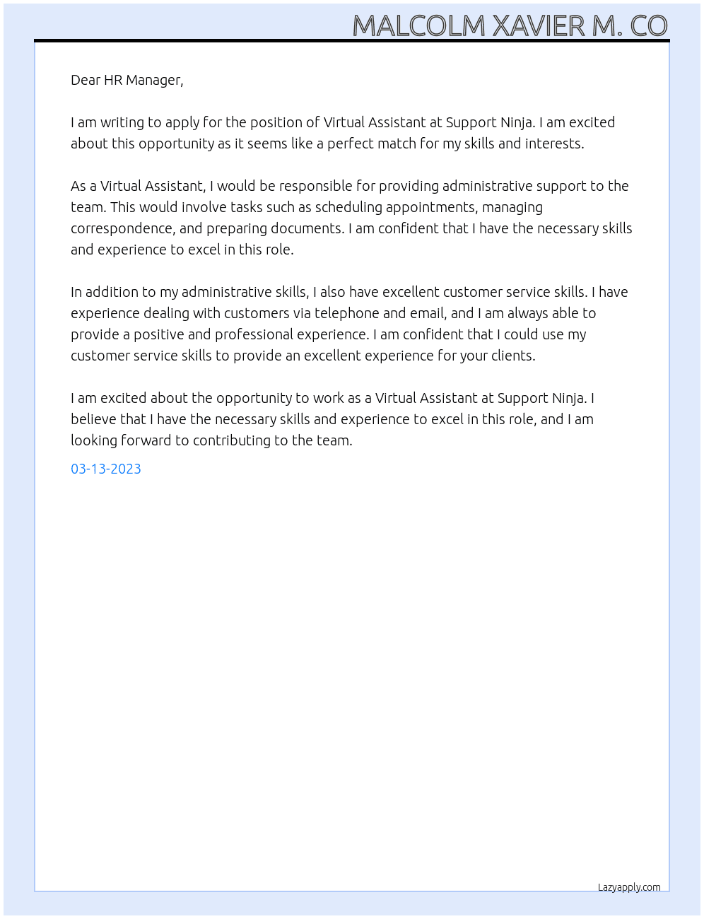 Virtual Assistant At Support Ninja Cover Letter