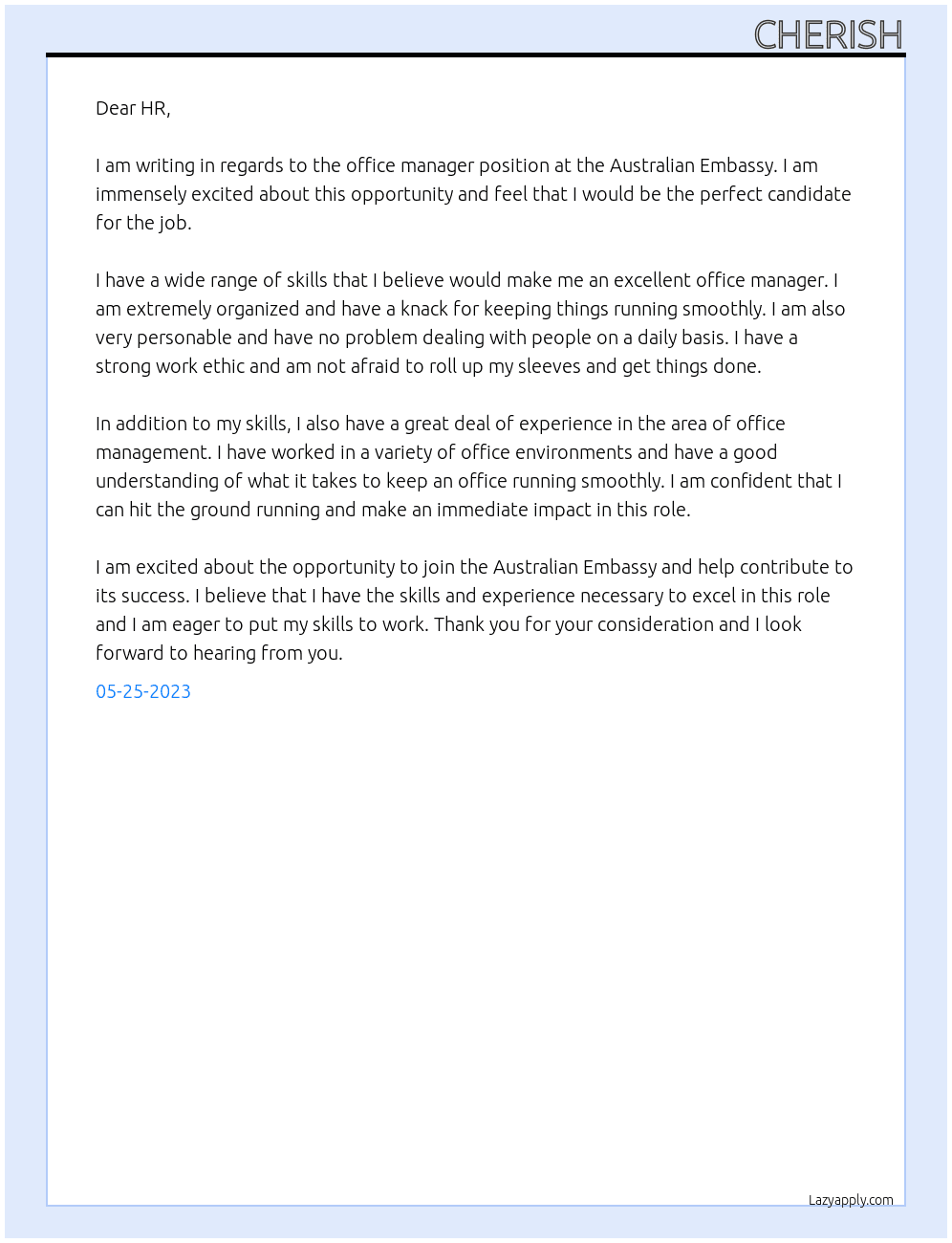 office manager At Australian Embassy Cover Letter