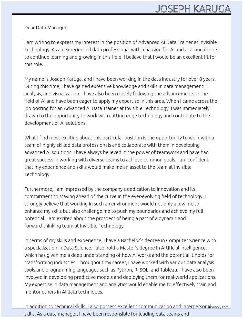 advanced AI data trainer At INVISIBLE TECHNOLOGY Cover Letter