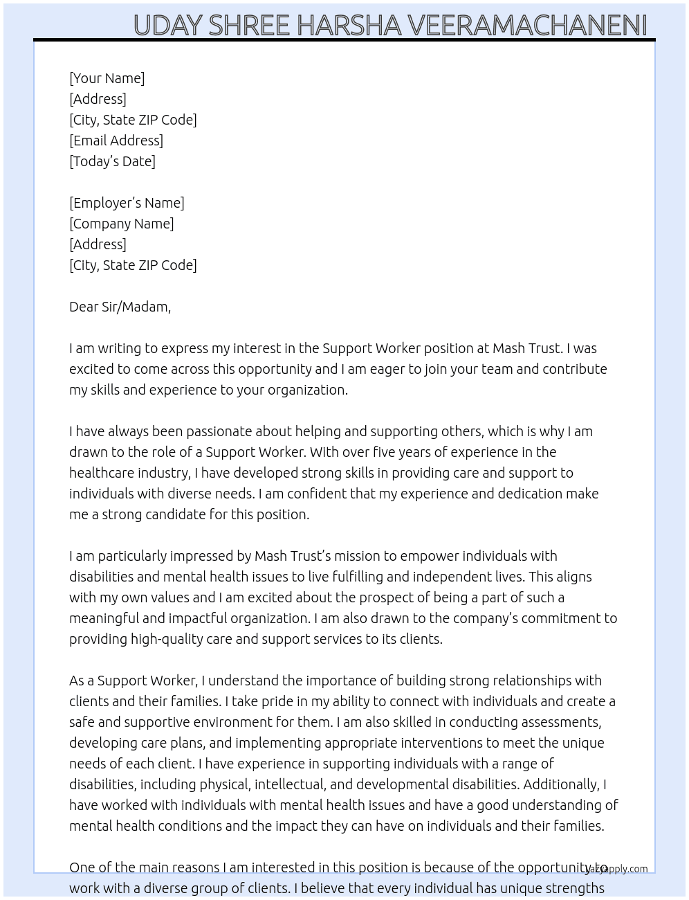 Support worker  At Mash Trust Cover Letter