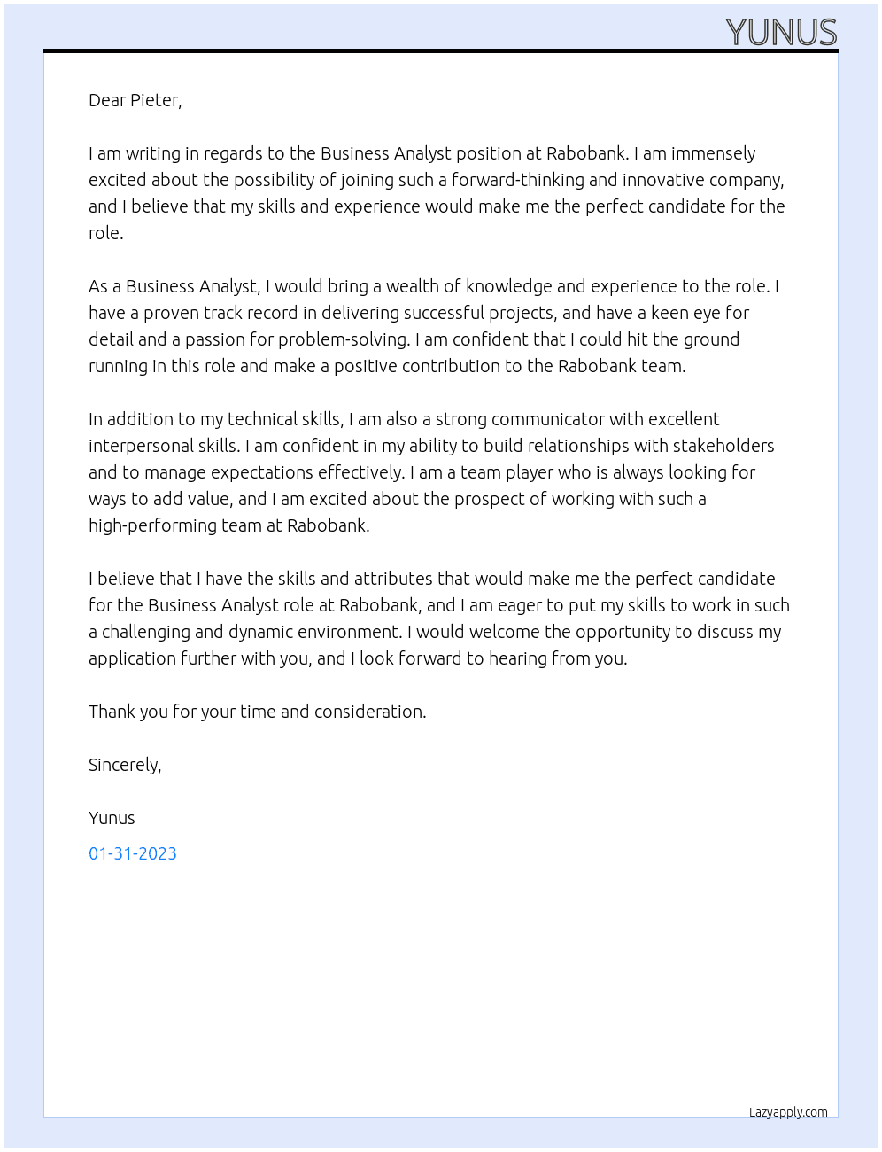 Business Analyst  At Rabobank Cover Letter