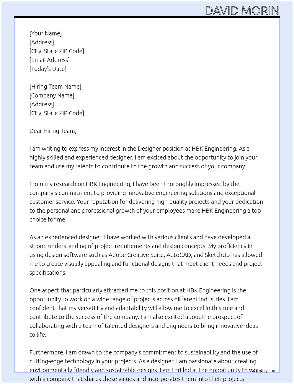 Designer At HBK Engineering Cover Letter