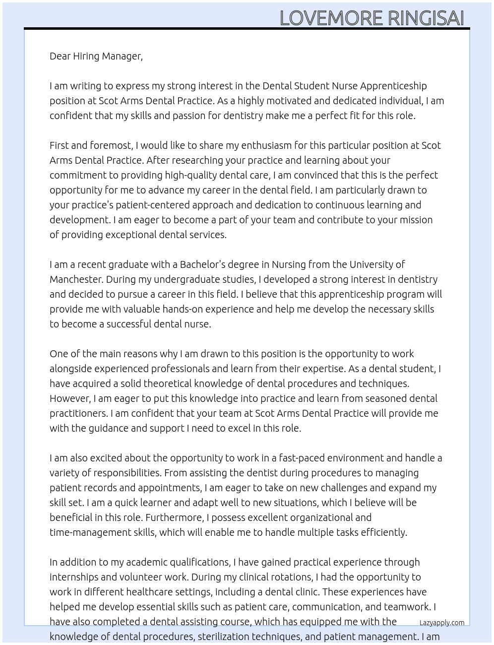 Dental Student Nurse Apprenticeship At Scot Arms Dental Practice, UK Cover Letter