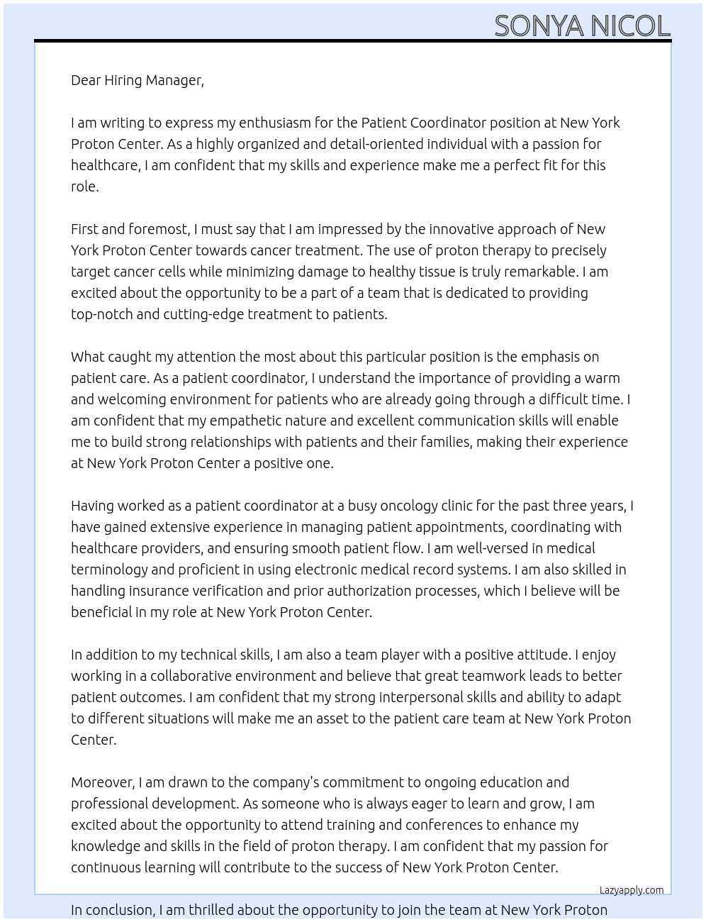 Patient coordinator  At New York Proton Center Cover Letter