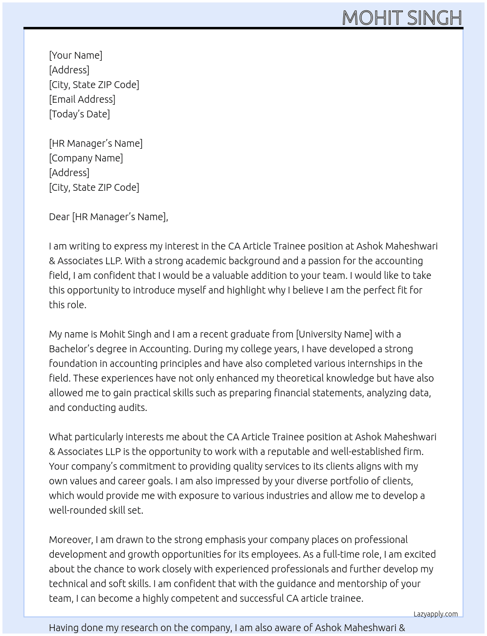 CA Article Trainee At Ashok Maheshwari & Associates LLP Cover Letter