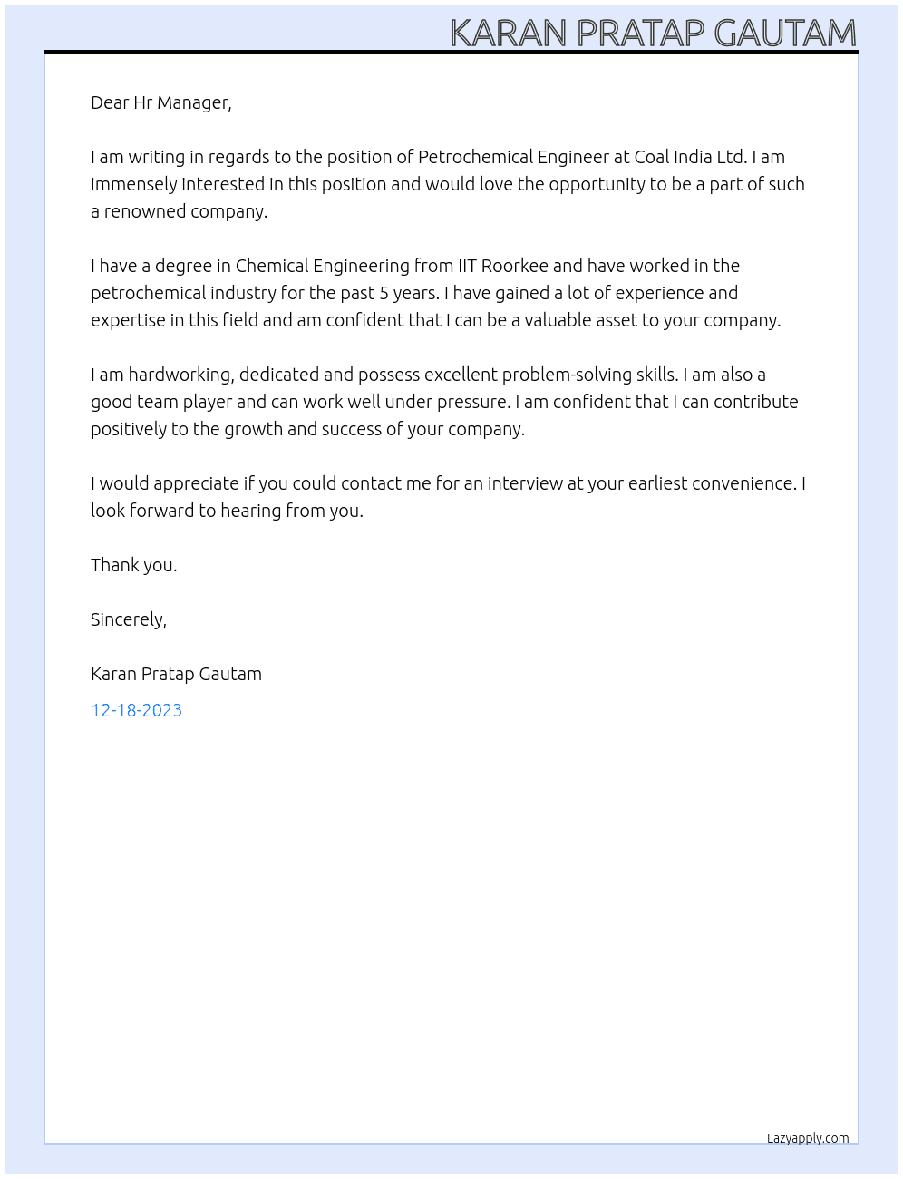 Petrochemical Engineer At Coal india Lmtd Cover Letter