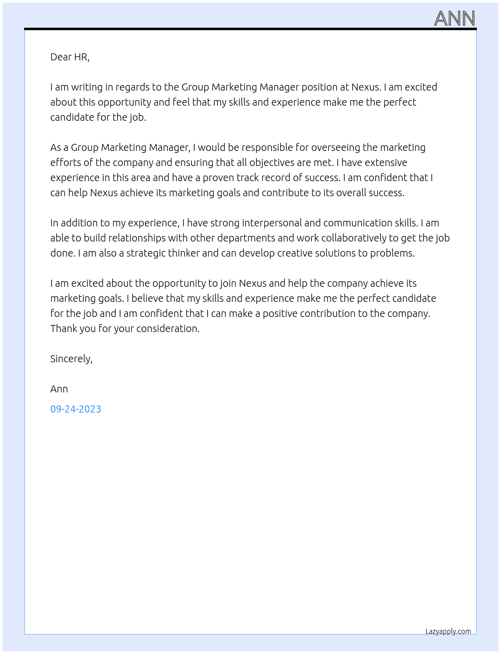 Group Marketing manager At Nexus Cover Letter