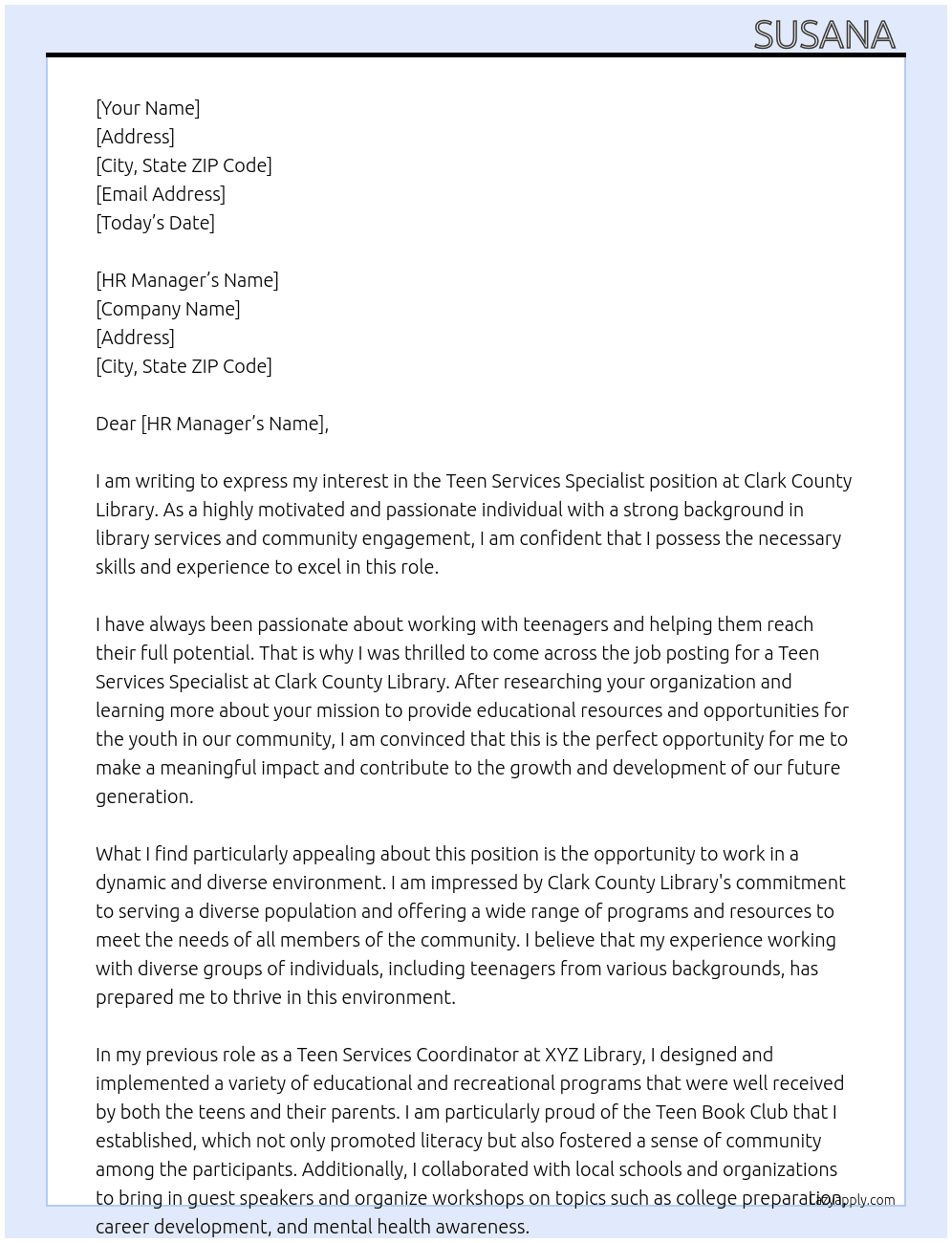 Teen Services Specialist  At Clark County Library Cover Letter