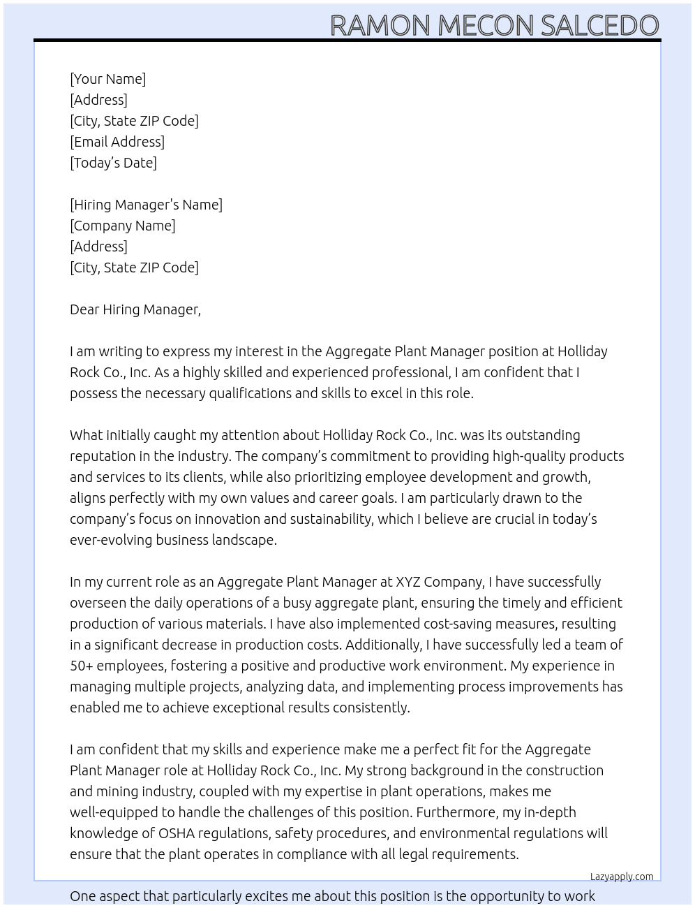 Aggregate Plant Manager At Holliday Rock Co., Inc Cover Letter