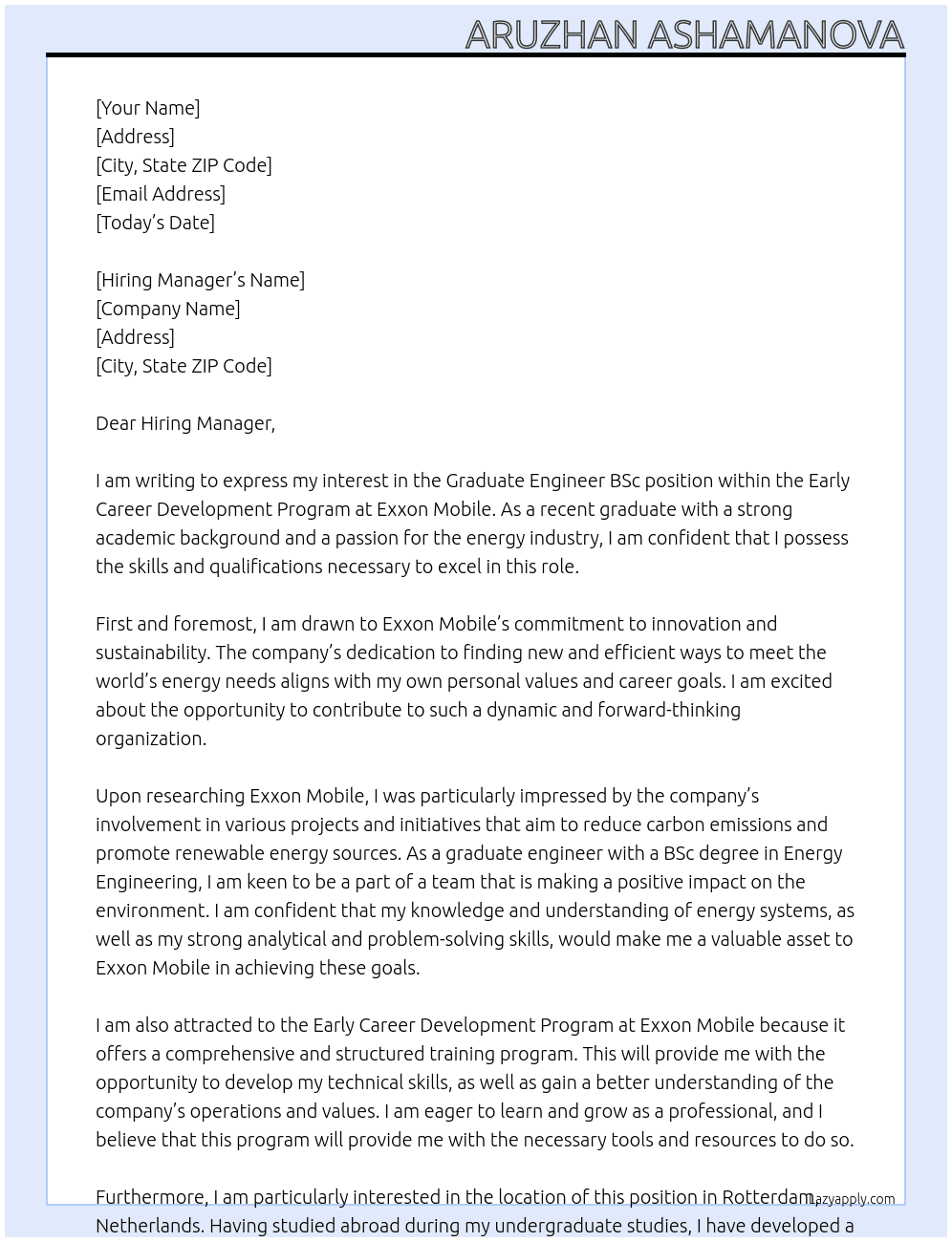 Graduate Engineer BSc  At Exxon Mobile Cover Letter