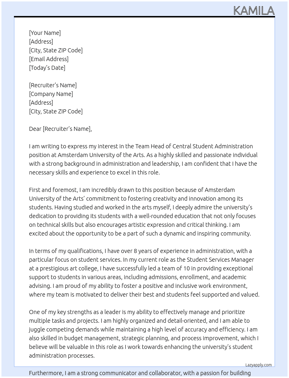 Team head of Central Student Administration At Amsterdam University of the Arts Cover Letter