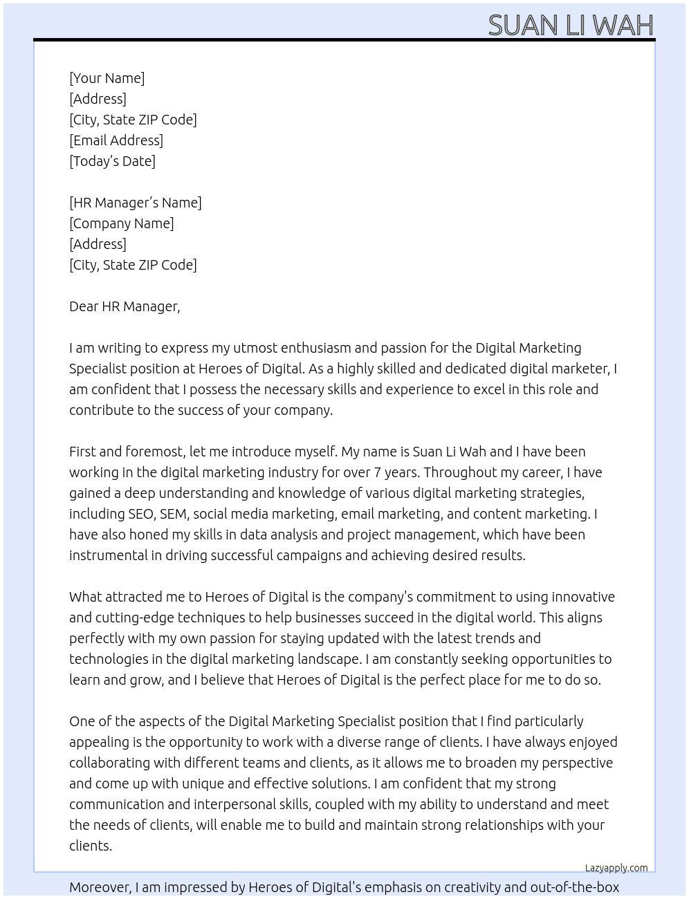 Digital Marketing Specialist At Heroes of Digital Cover Letter