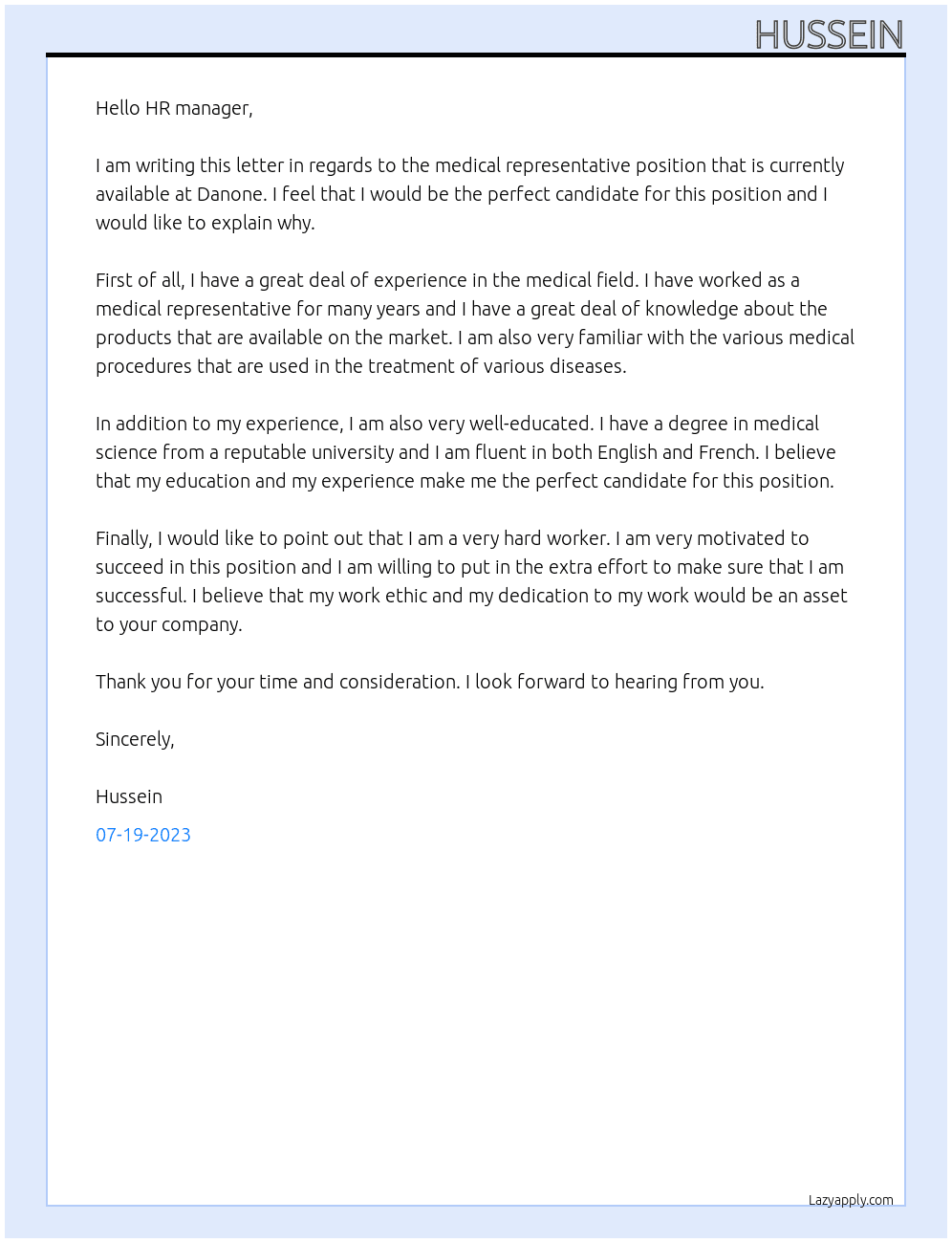 Medical representative  At Danone  Cover Letter