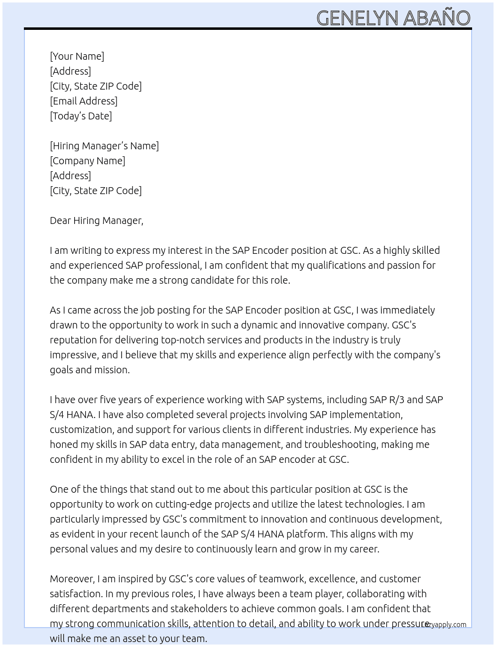 SAP enocder At GSC Cover Letter