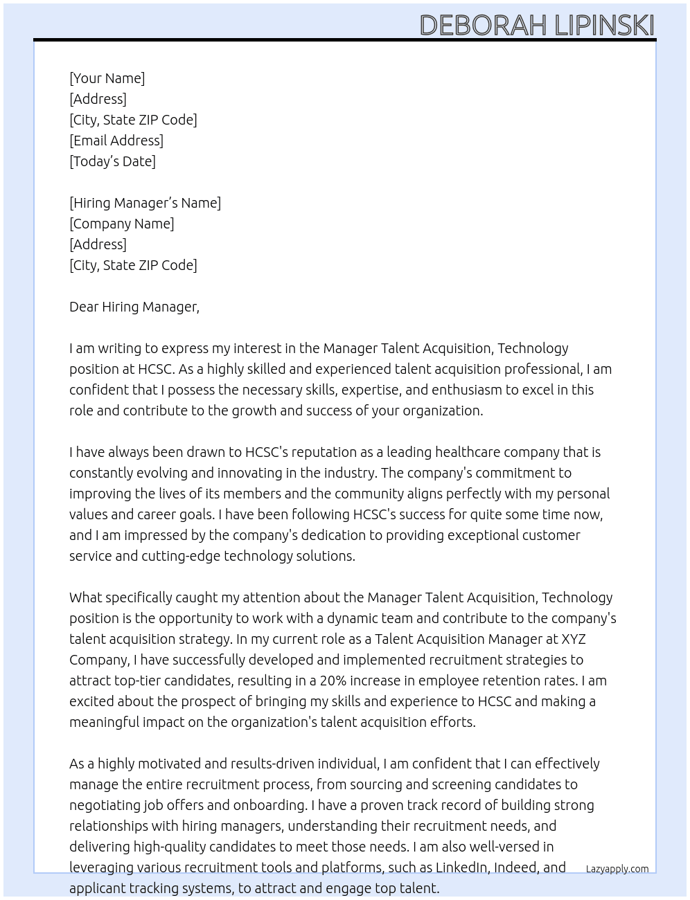 Manager Talent Acquisition, Technology At HCSC Cover Letter
