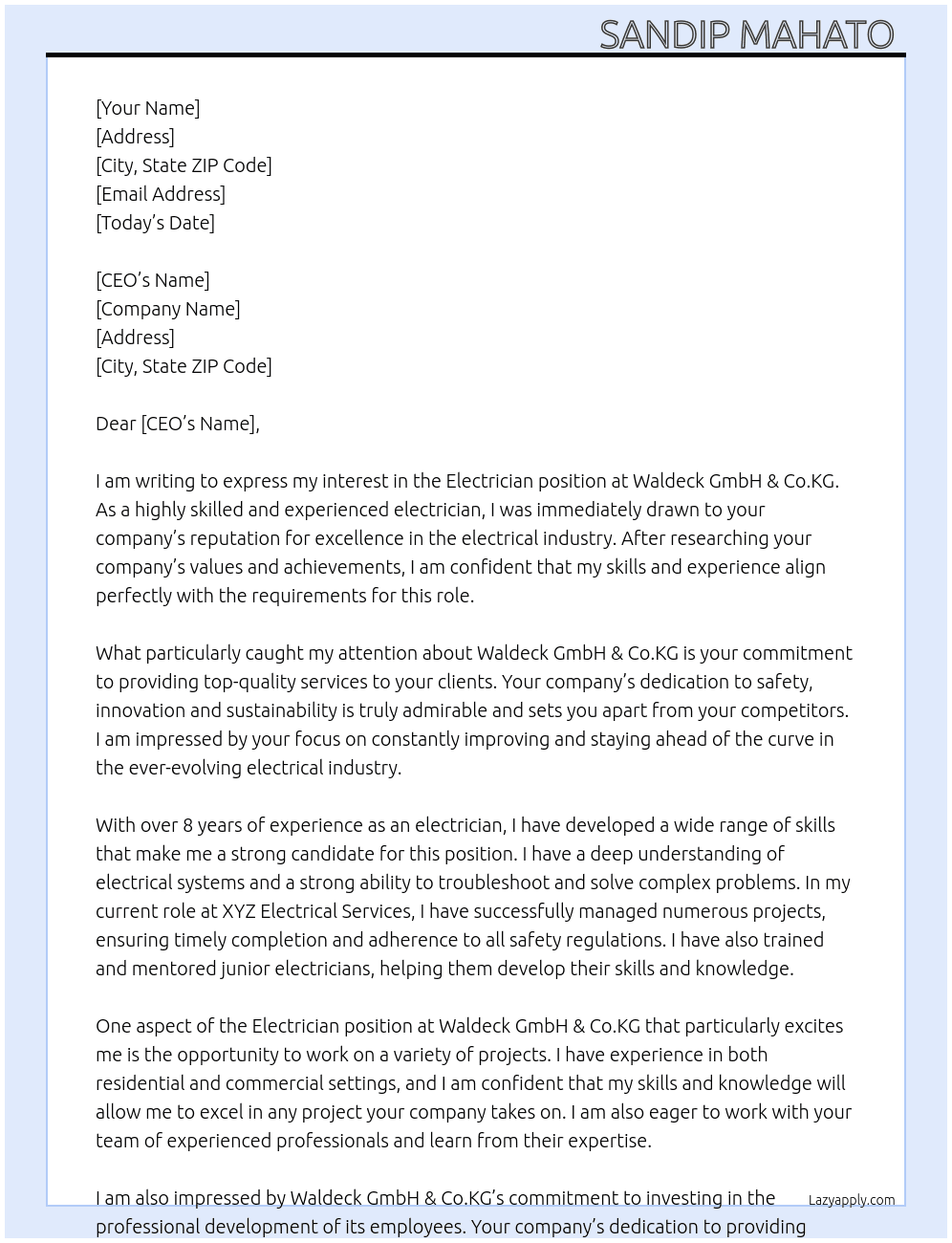 Electrician  At Waldeck GmbH & Co.KG Cover Letter