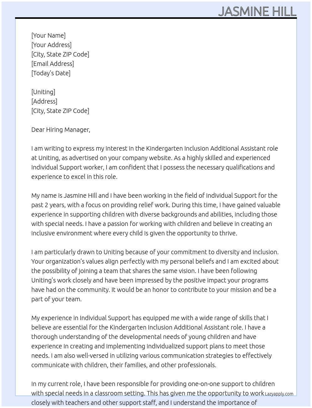 Kindergarten Inclusion Additional Assistant At Uniting Cover Letter