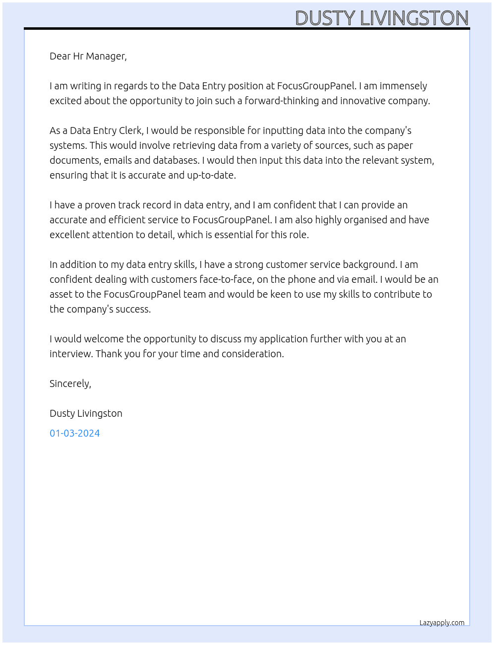 Data Entry At FocusGroupPanel Cover Letter