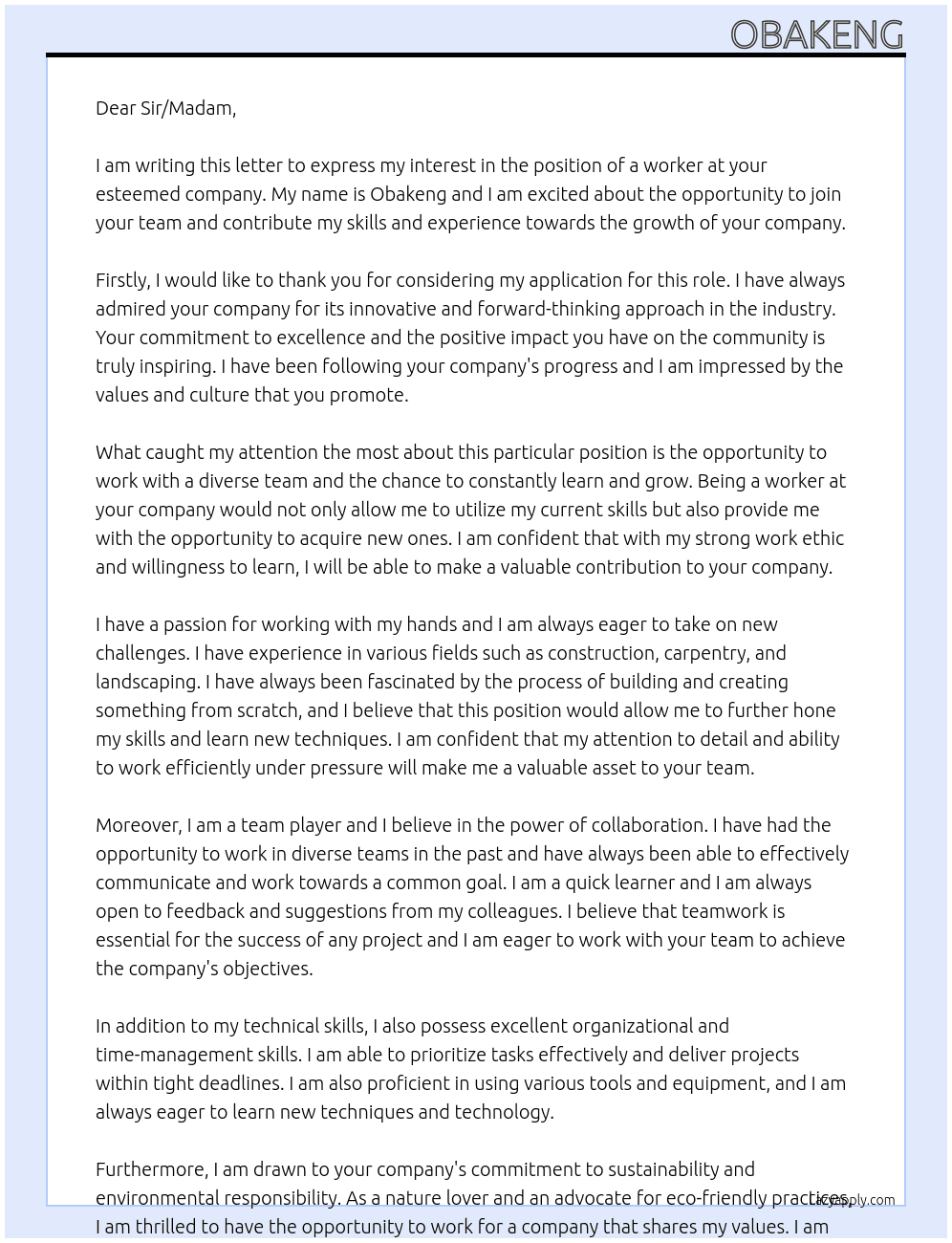 worker At your company Cover Letter