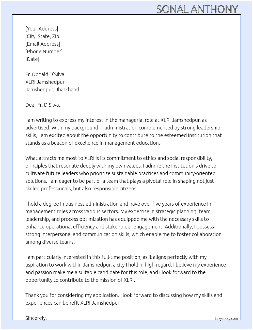 Administrative jobs/ Managerial roles At XLRI jamshedpur  Cover Letter
