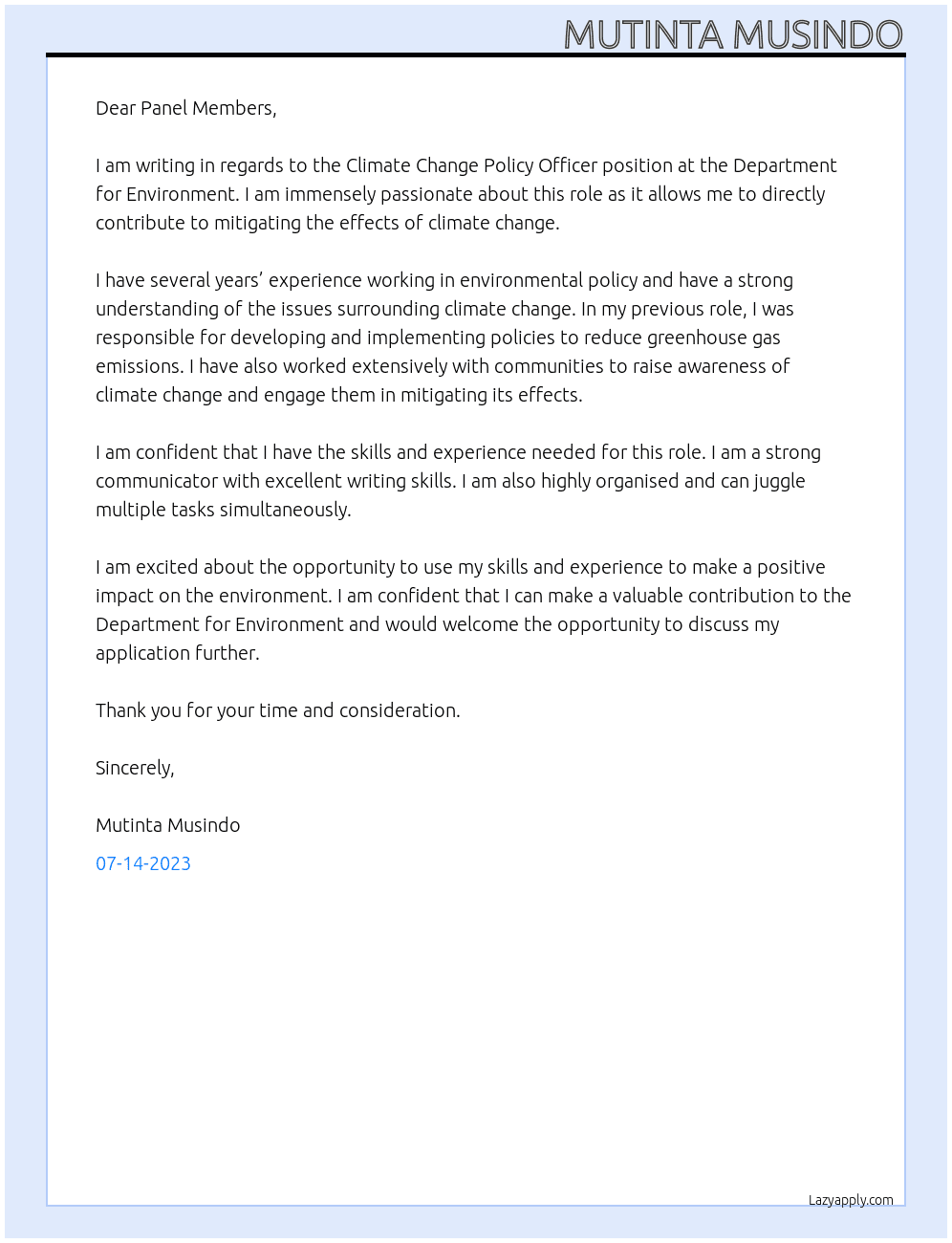 Climate change policy officer At Department for Environment  Cover Letter