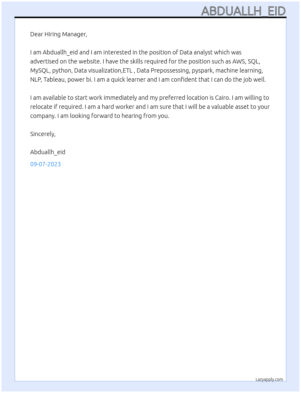 Data analyst  At Geidea Cover Letter