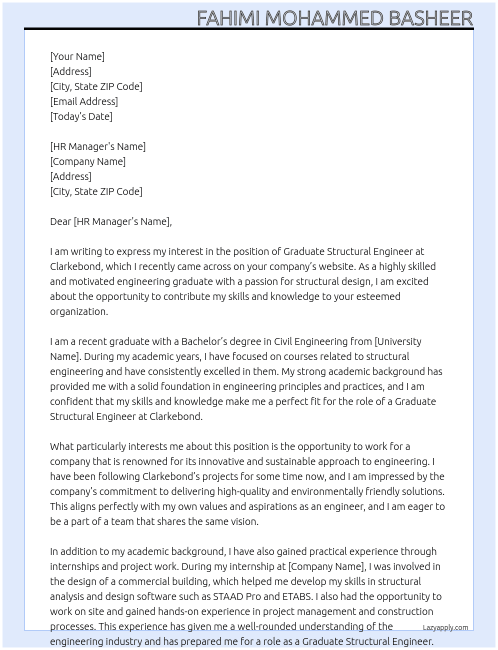 graduate structural engineer At clarkebond Cover Letter