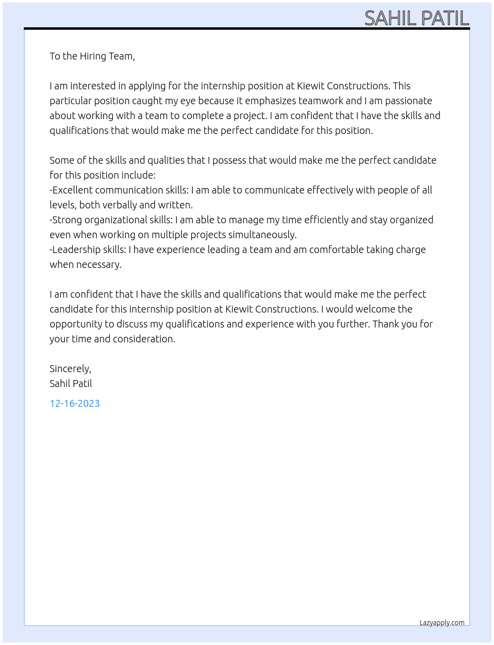 Internship  At Kiewit Constructions Cover Letter