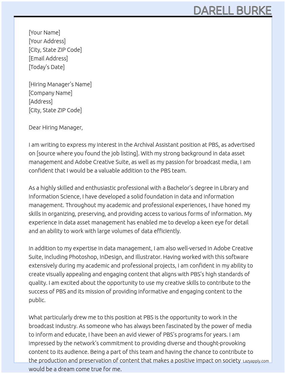 Archival Assistant At PBS Cover Letter