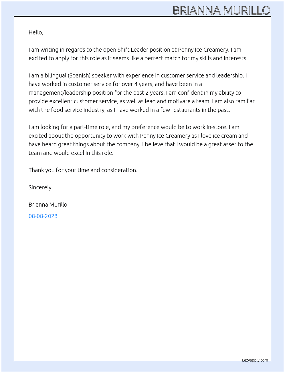 shift leader  At penny ice creamery  Cover Letter