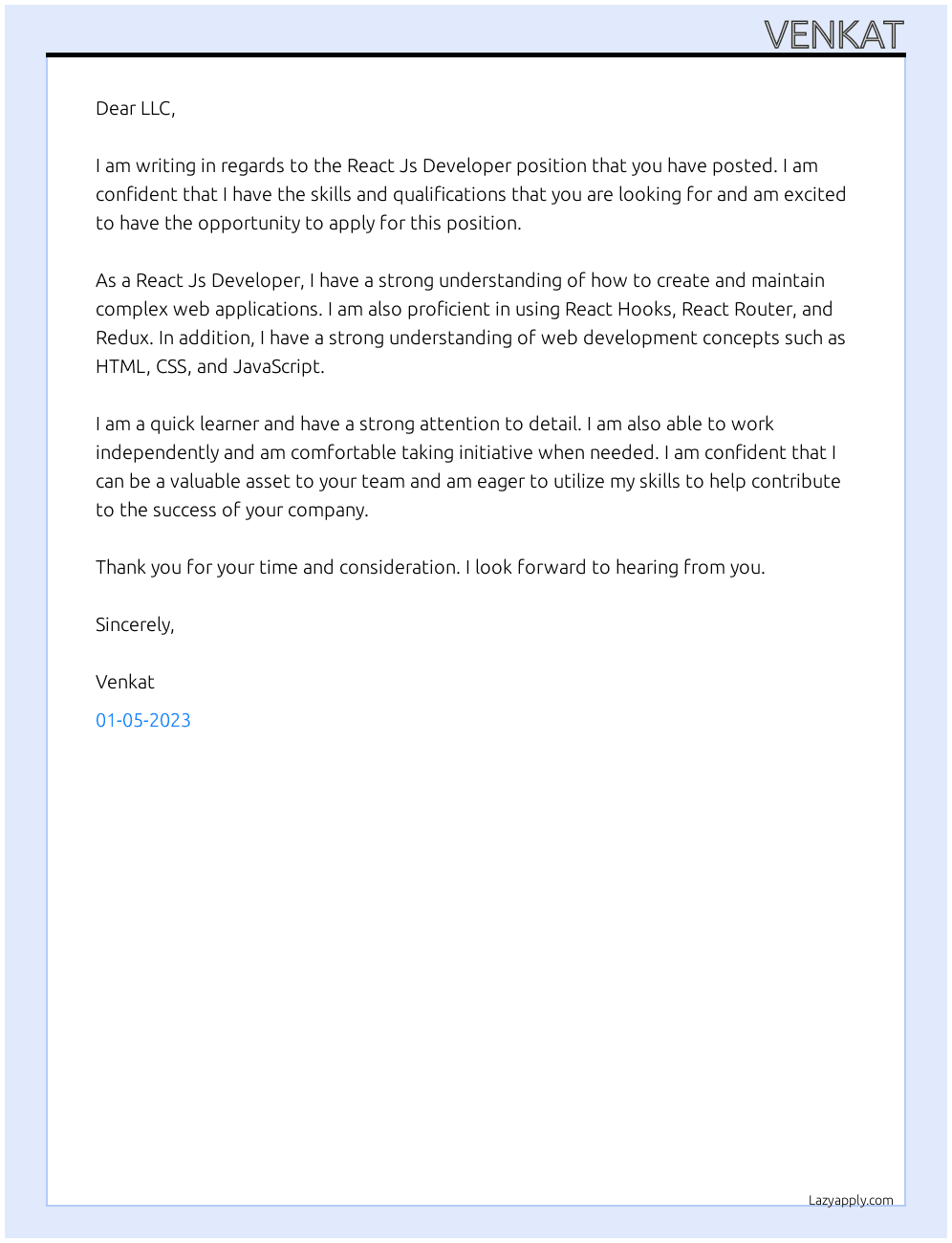 React Js Developer At LLC Cover Letter