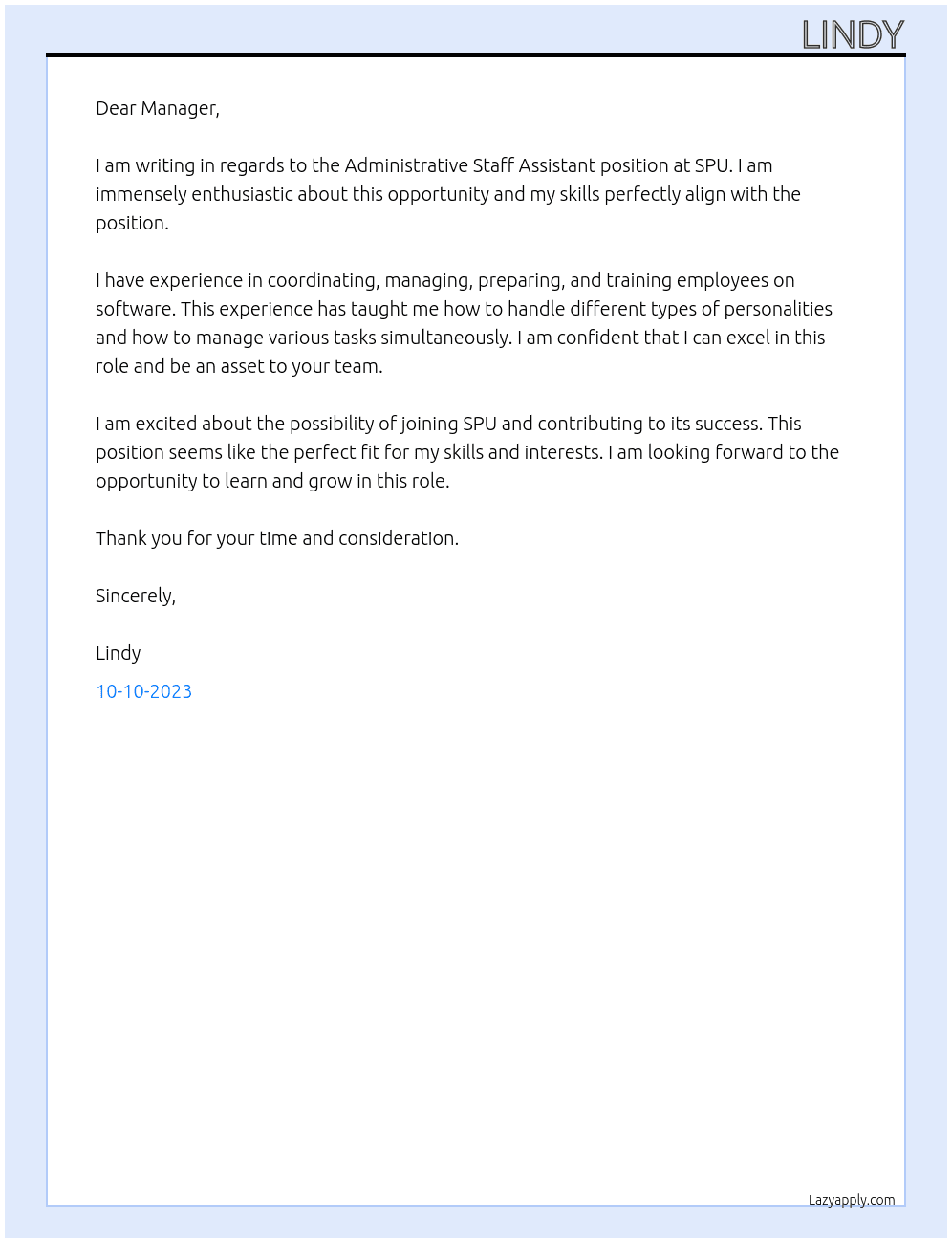 Administrative Staff Assistant At SPU Cover Letter