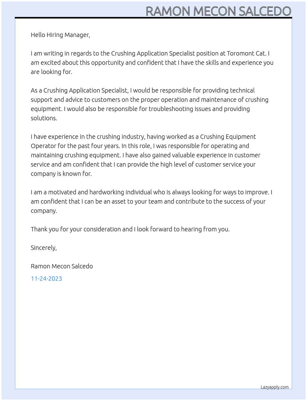 Crushing Application Specialist At Toromont Cat Cover Letter