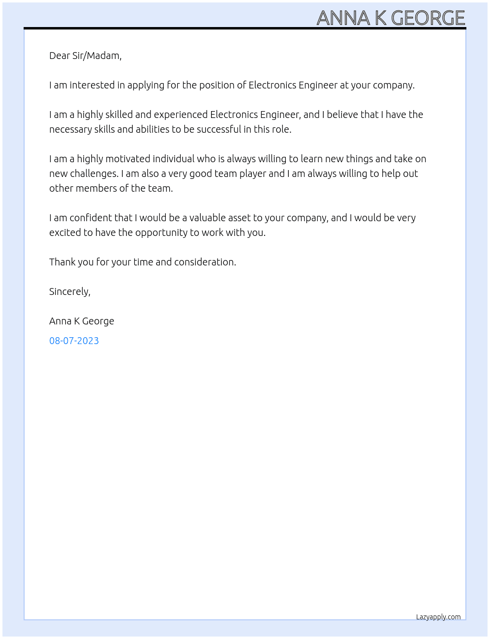 Electronics Engineer At your company Cover Letter