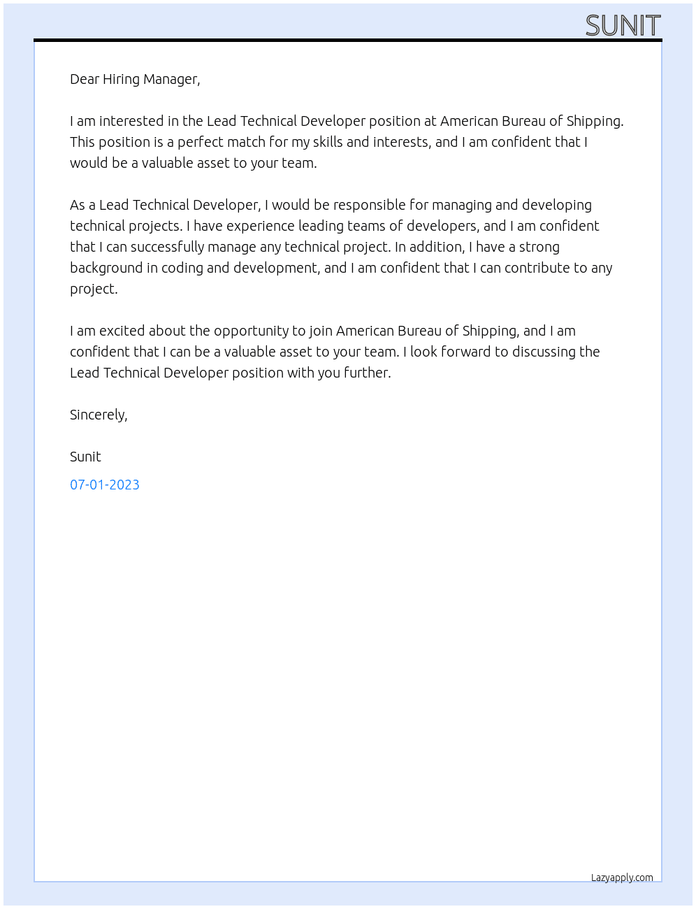 Lead Technical Developer At American Bureau of Shipping Cover Letter