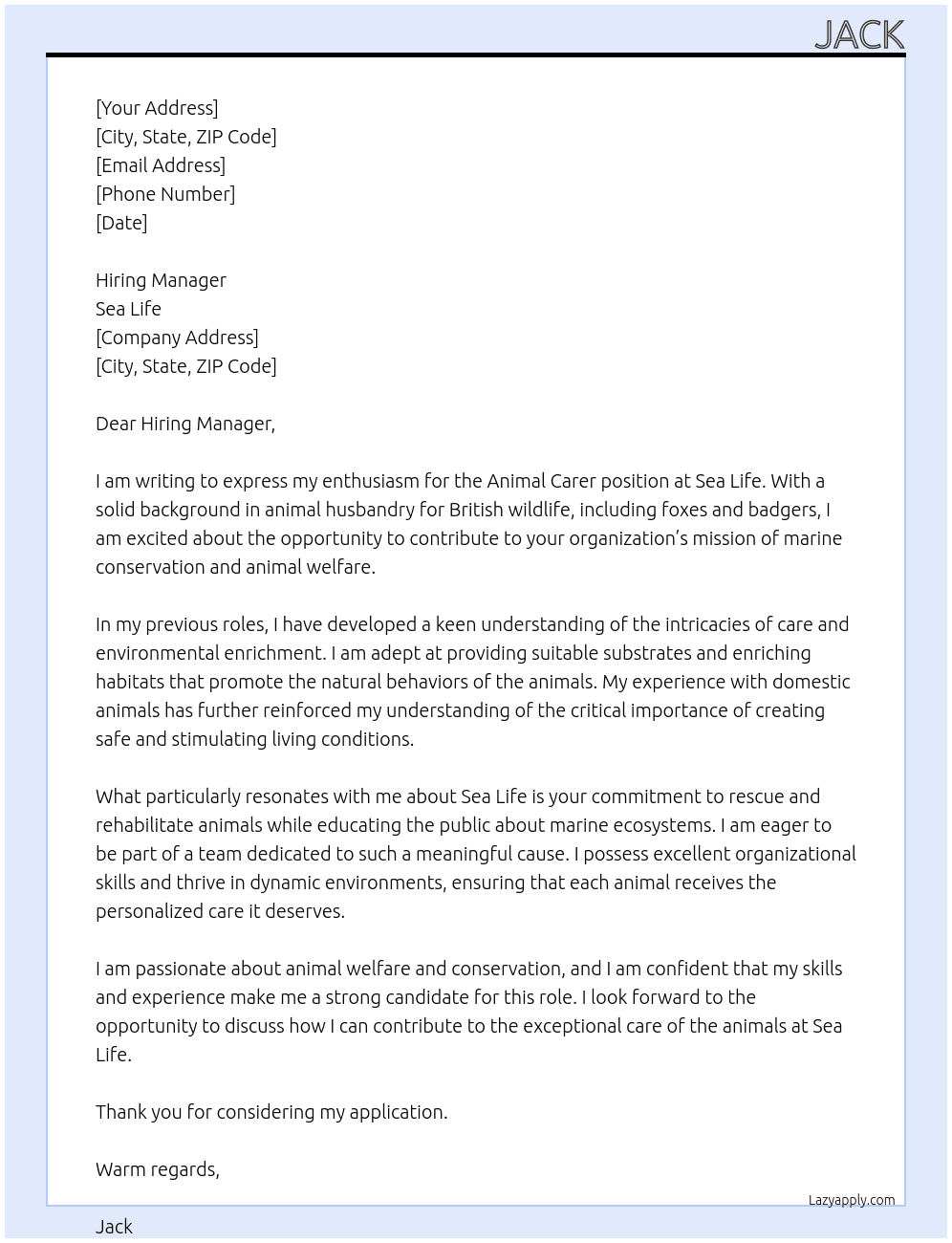 animal carer At sea life Cover Letter