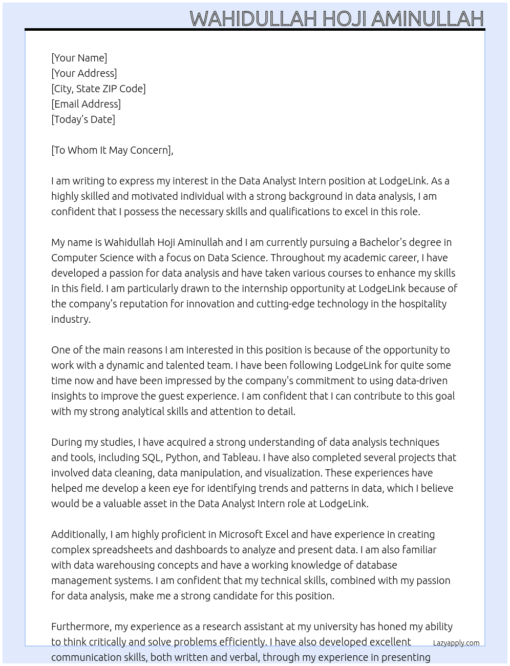 data analyst intern At LodgeLink Cover Letter