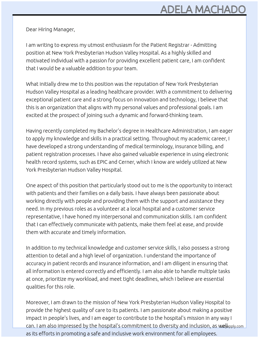 Patient Registrar - Admitting At New York Presbyterian Hudson Valley Hospital Cover Letter