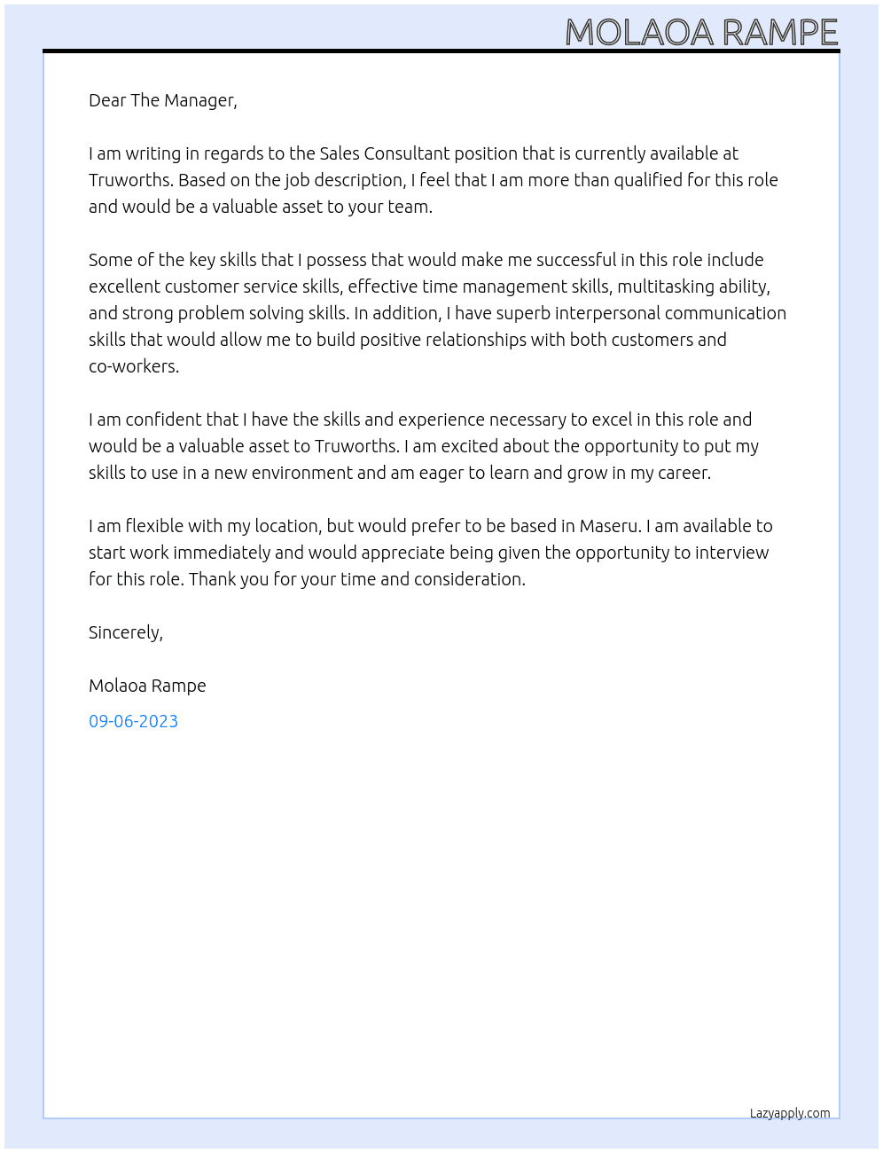 Sales consultant  At Truworths  Cover Letter